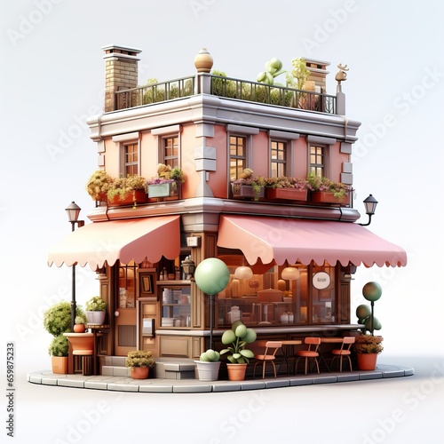 house bakery food store coffee shop 3d on a white background cozy restaurant in the city