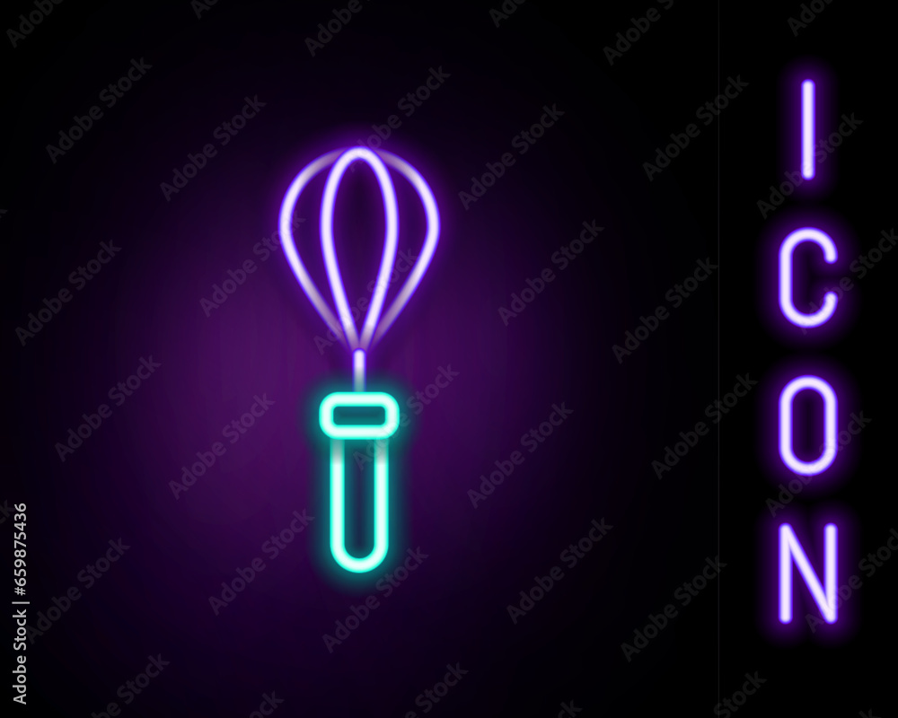 Glowing neon line Kitchen whisk icon isolated on black background. Cooking utensil, egg beater. Cutlery sign. Food mix symbol. Colorful outline concept. Vector Glowing neon line Kitchen whisk icon isolated on black background. Cooking utensil, egg beater. Cutlery sign. Food mix symbol. Colorful outline concept. Vector