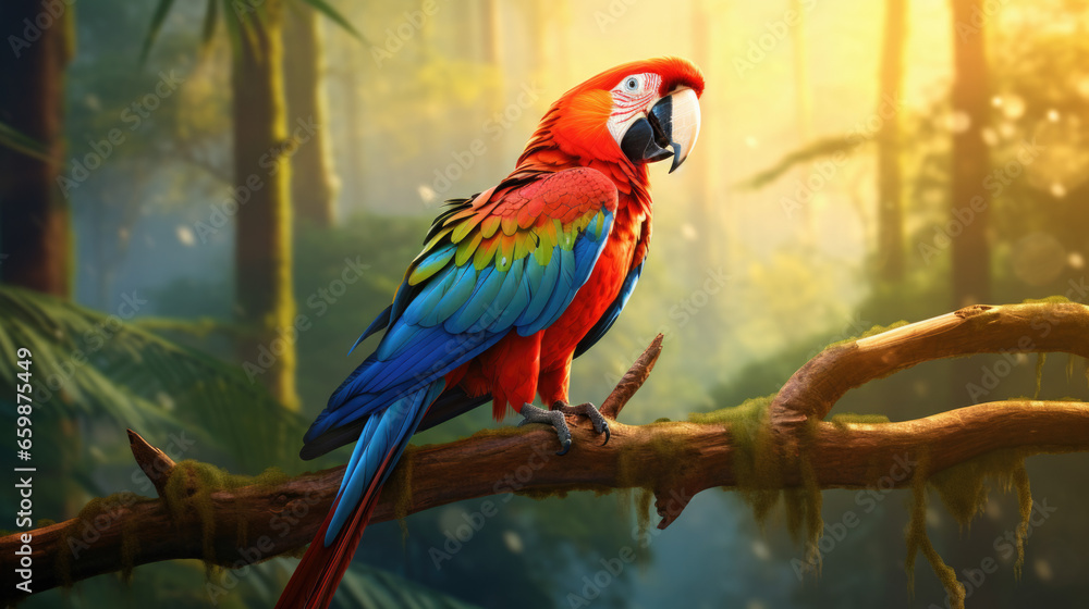 Red parrot Scarlet Macaw, Ara macao, bird sitting on the branch, Colombia. Wildlife scene from tropical forest. Beautiful parrot on green tree in nature habitat.