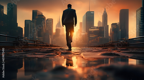Close up legs of a young businessman walking on the road to enter the city are guided by sunlight. Concept aimed at success.