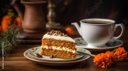 delectable slice of carrot cake beside a warm cup of tea  set for a cozy afternoon