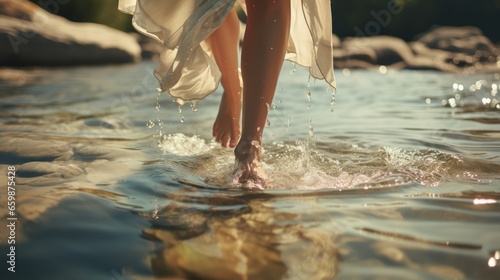 woman finds solace by the water, her feet playfully skimming the surface