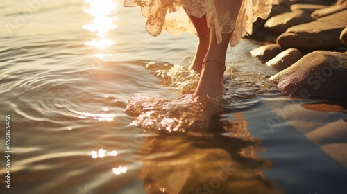 woman finds solace by the water, her feet playfully skimming the surface photo