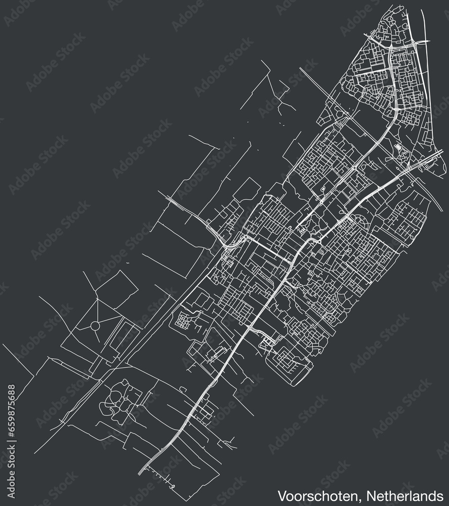 Detailed hand-drawn navigational urban street roads map of the Dutch city of VOORSCHOTEN, NETHERLANDS with solid road lines and name tag on vintage background