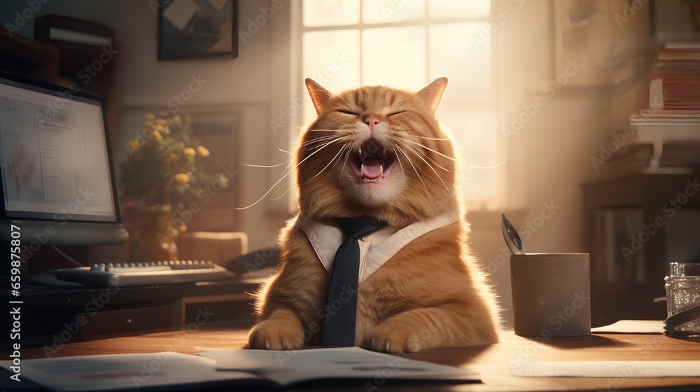 Office with laughing cat dressed in a corporate clothing and tie. Home pet in professional workplace environment with traditional corporate style. Kitty as company boss and leader. Humor and fun. Office with laughing cat dressed in a corporate clothing and tie. Home pet in professional workplace environment with traditional corporate style. Kitty as company boss and leader. Humor and fun.