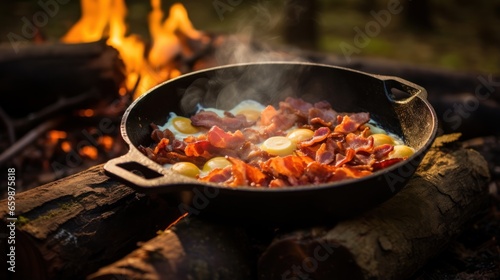 A camping breakfast featuring bacon and eggs cooked in a cast iron skillet.