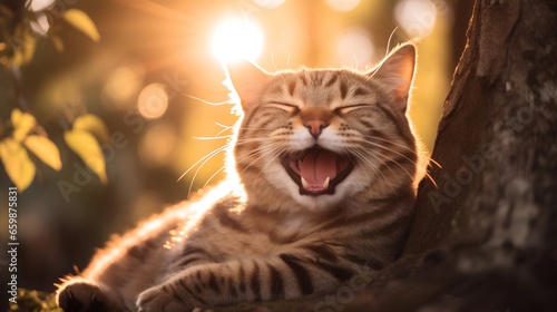 Laughing cat photography where pets face is full of humor and fun, making for a truly amusing expression. Cheerful and funny kitty with happiness and joy.