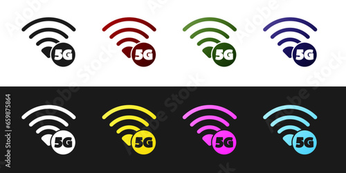 Set 5G new wireless internet wifi connection icon isolated on black and white background. Global network high speed connection data rate technology. Vector