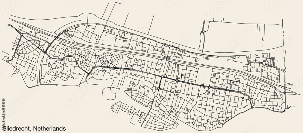 Detailed hand-drawn navigational urban street roads map of the Dutch city of SLIEDRECHT, NETHERLANDS with solid road lines and name tag on vintage background