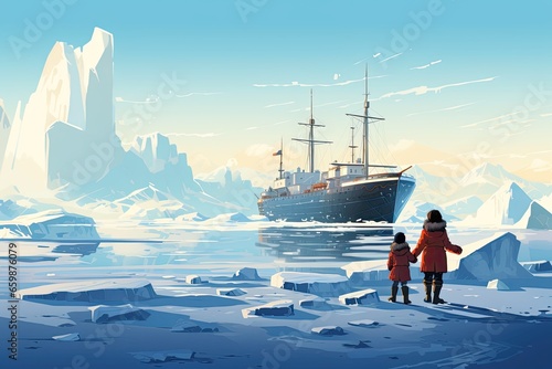 children in an ice landscape see a big ship illustration photo