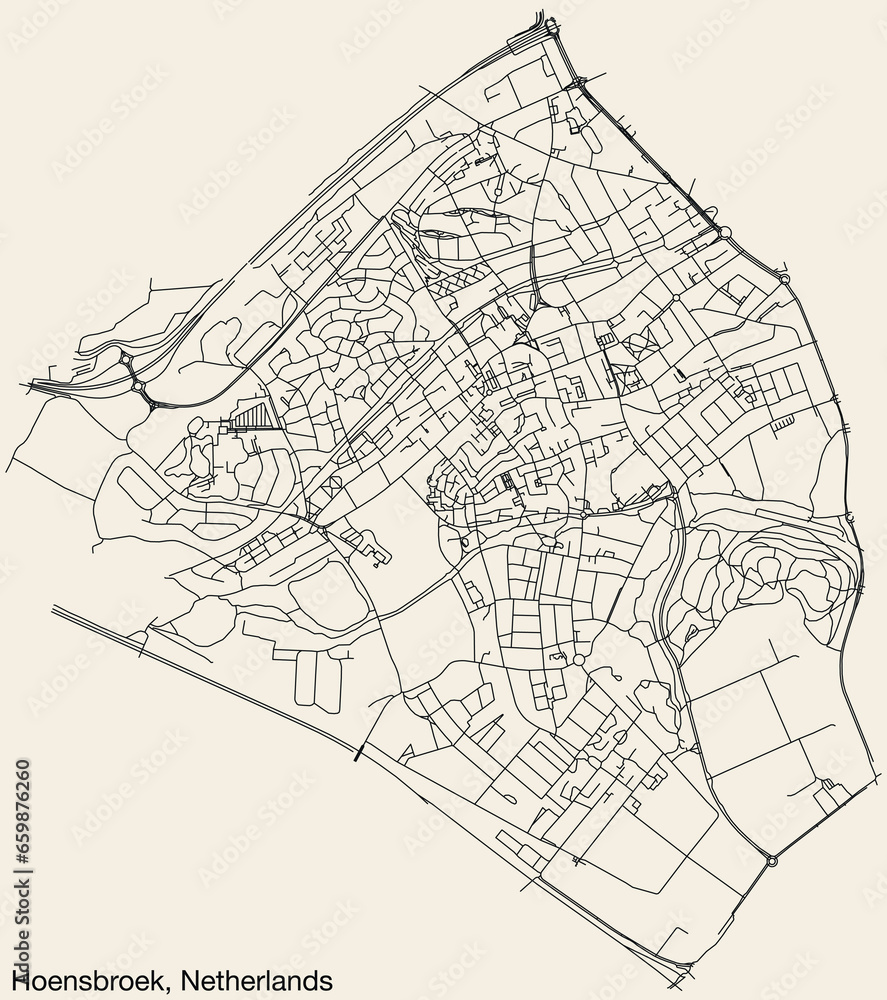 Detailed hand-drawn navigational urban street roads map of the Dutch city of HOENSBROEK, NETHERLANDS with solid road lines and name tag on vintage background
