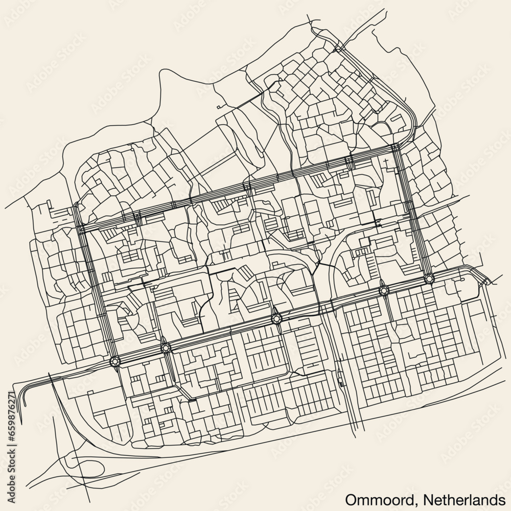 Naklejka premium Detailed hand-drawn navigational urban street roads map of the Dutch city of OMMOORD, NETHERLANDS with solid road lines and name tag on vintage background