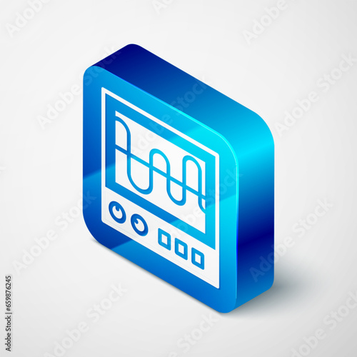 Isometric Oscilloscope measurement signal wave icon isolated on grey background. Blue square button. Vector