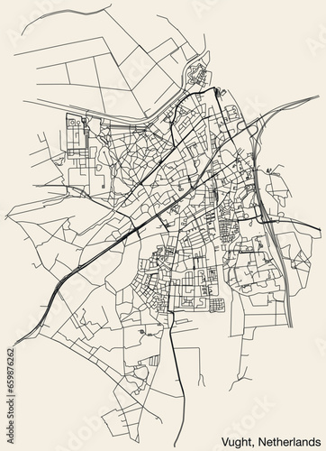 Detailed hand-drawn navigational urban street roads map of the Dutch city of VUGHT, NETHERLANDS with solid road lines and name tag on vintage background