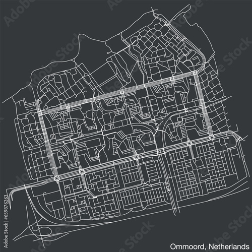 Detailed hand-drawn navigational urban street roads map of the Dutch city of OMMOORD, NETHERLANDS with solid road lines and name tag on vintage background