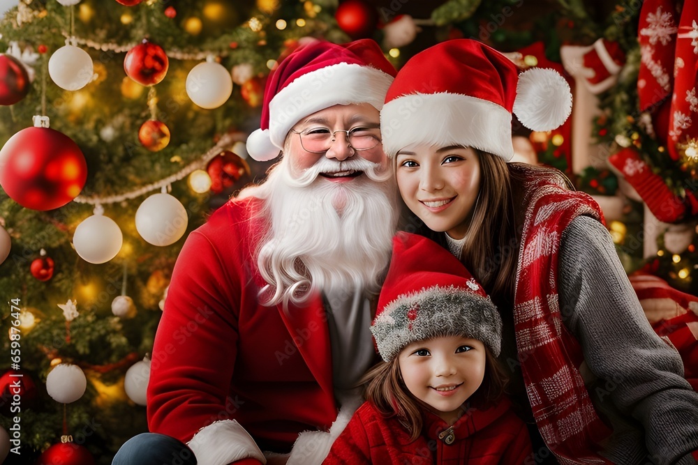 Portrait Of Santa Claus With A Woman And A Girl Christmas Family Holiday Portrait Of Santa Claus With A Woman And A Girl Christmas Family Holiday
