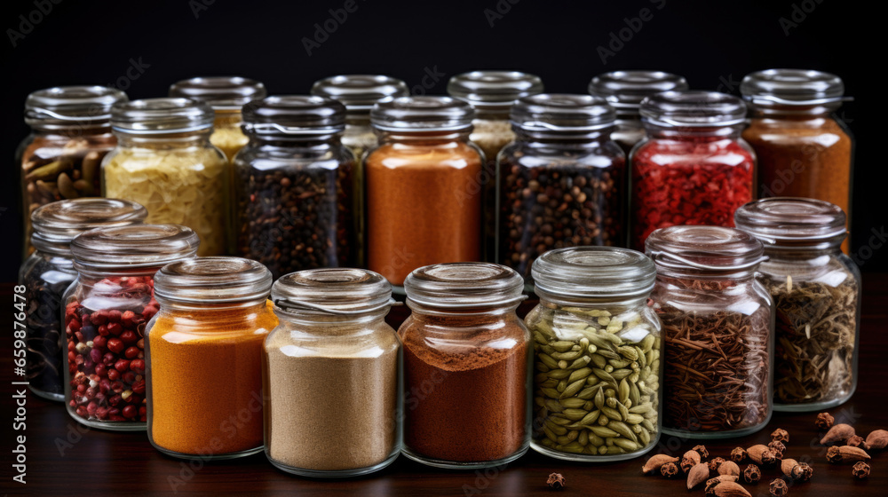 Spices seeds and seasonings in matching spice jars, simple vegan ingredients and concept of flavoring your dishes Spices seeds and seasonings in matching spice jars, simple vegan ingredients and concept of flavoring your dishes