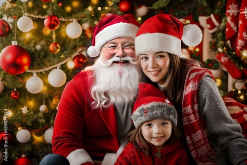Portrait Of Santa Claus With A Woman And A Girl Christmas Family Holiday