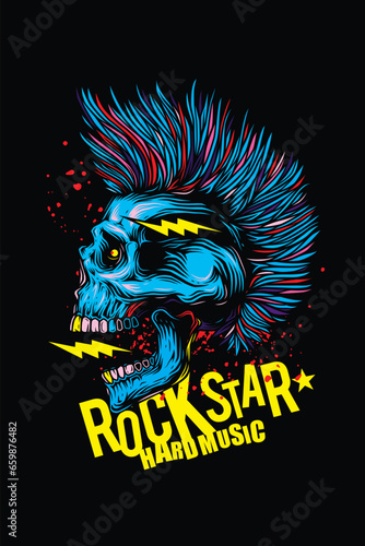 Original vector illustration in vintage style. Punk rocker skull with hairstyle. Design for T-shirt or sticker. A design element.