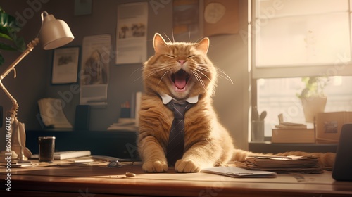 Office with laughing cat dressed in a corporate clothing and tie. Home pet in professional workplace environment with traditional corporate style. Kitty as company boss and leader. Humor and fun.