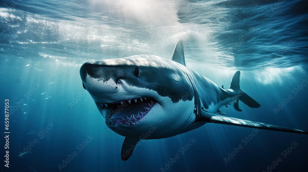 Naklejka premium Shark swimming under sun rays in the blue ocean waters. Generative AI