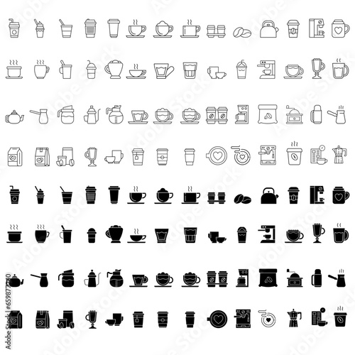 Coffee icon vector set. Hot drink illustration sign collection. Coffee house symbol. Coffee machine logo.