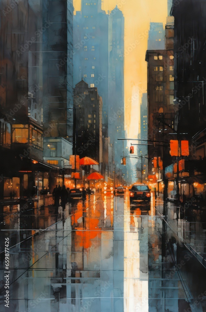 Oil painting of city street after rainy day in evening.
