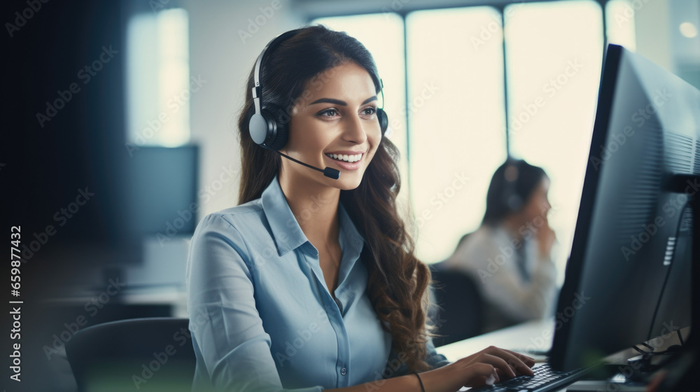 Friendly call center agent answering incoming calls with a headset, providing customer service remotely. - obrazy, fototapety, plakaty 
