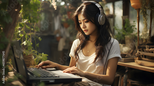 Asian women play notebooks and listen to music in the garden. While sitting and working on a laptop.