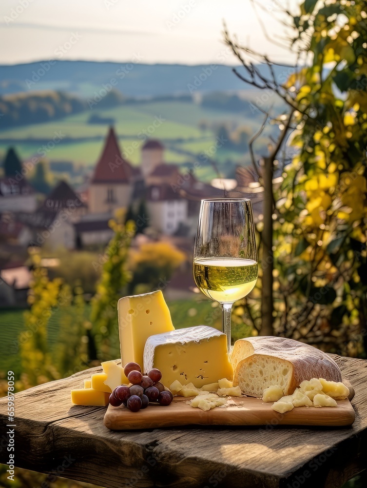 Varied Cheese board and white wine against the backdrop of village. AI