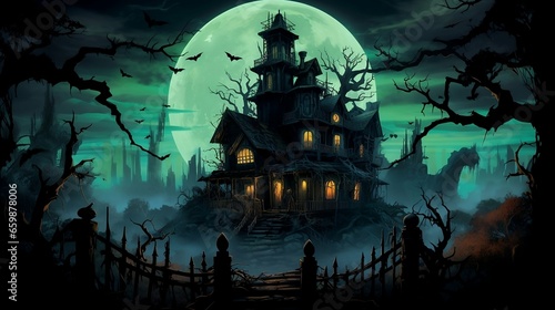 Haunted Halloween Lore with Mansion, Witches, and Ghouls in a Midnight Mystery Illustration