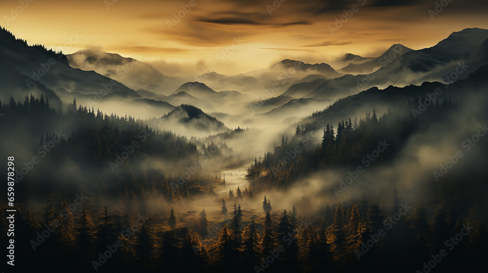 nature landscape drone view, autumn forest mountains and stream misty evening sunset