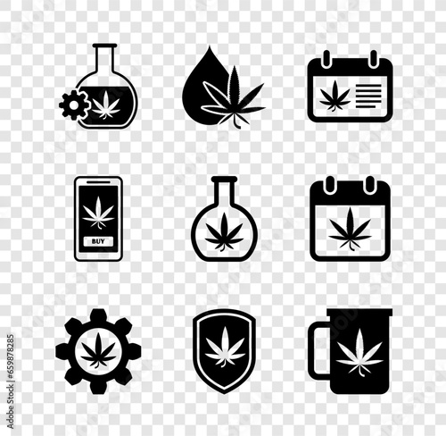 Set Test tube with marijuana, Marijuana or cannabis leaf oil, Calendar and, Shield, Cup tea, Online buying and icon. Vector