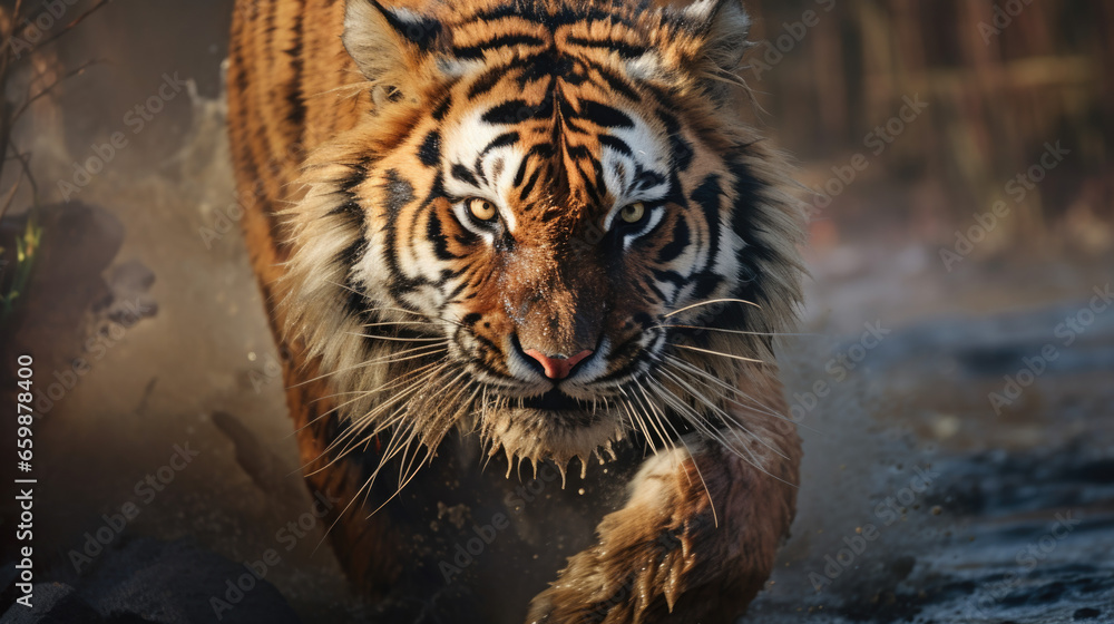Fototapeta premium Amur tiger walking in the water. Dangerous animal, taiga, Russia. Animal in green forest stream.