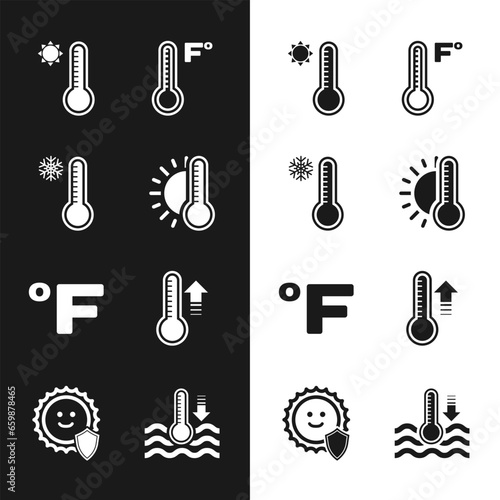Set Thermometer with sun, Meteorology thermometer, Fahrenheit, Water and UV protection icon. Vector