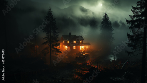 night landscape, mysterious lonely house in misty autumn mountains, thriller, horror, fairy tale