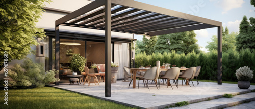 Trendy outdoor patio pergola shade structure, awning and patio roof photo