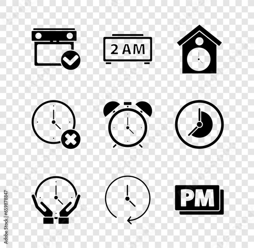 Set Calendar with check mark, Digital alarm clock, Retro wall watch, Clock, PM, delete and Alarm icon. Vector