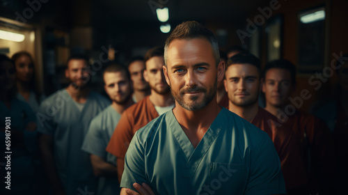 Portrait of a doctor in uniform against the background of a medical team. The doctor looks at the camera. Background with bokeh effect. AI generative © sdmin_d