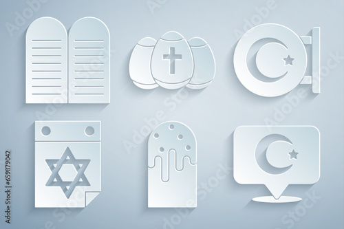 Set Easter cake, Star and crescent, Jewish calendar, egg and The commandments icon. Vector