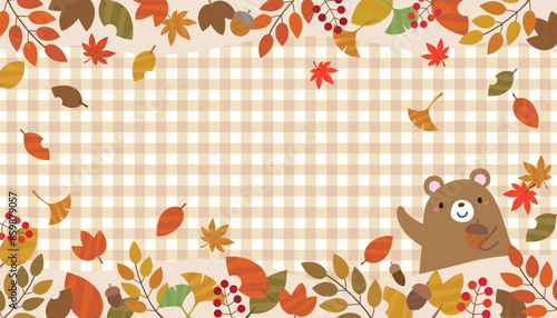 秋の葉っぱと木の実とくまのバナー フレーム/ギンガムチェック・ベージュ