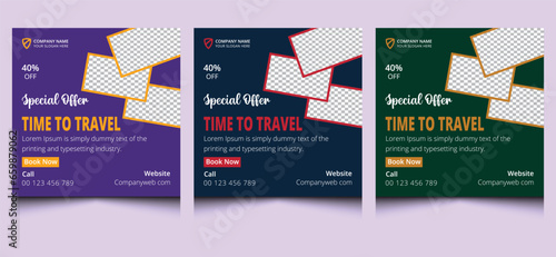 Elegant clean modern unique creative business travel adventure ad ads tour agency online web social media post banner design template. 