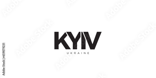 Kyiv in the Ukraine emblem. The design features a geometric style, vector illustration with bold typography in a modern font. The graphic slogan lettering.
