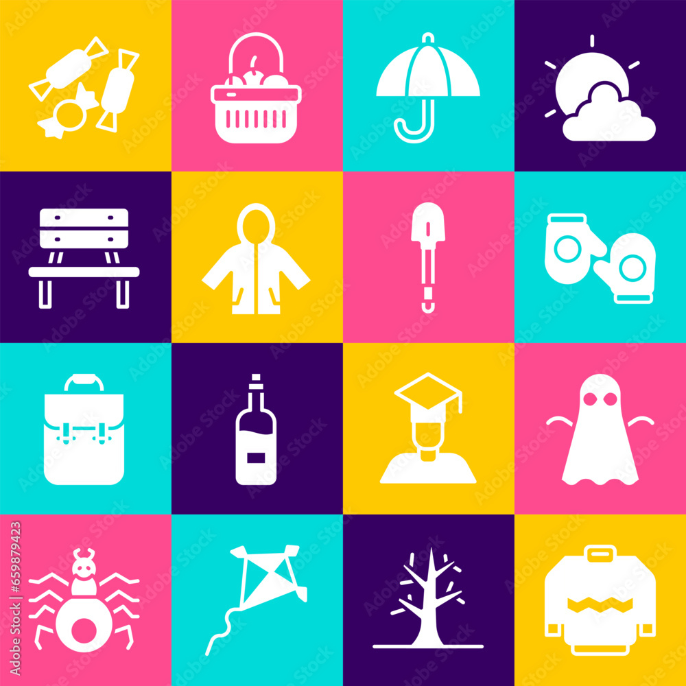 Set Sweater, Ghost, Christmas mitten, Umbrella, Raincoat, Bench, Candy and Shovel icon. Vector Set Sweater, Ghost, Christmas mitten, Umbrella, Raincoat, Bench, Candy and Shovel icon. Vector