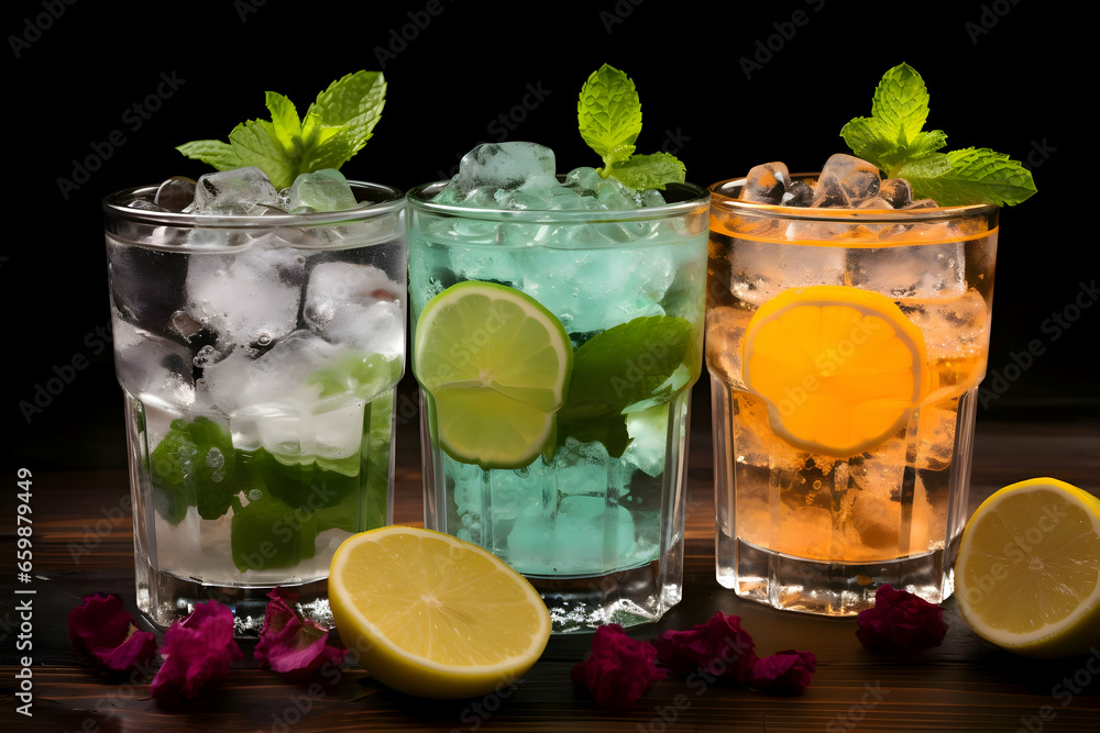 Fresh cocktails with ice lemon lime and fruits. High quality Fresh cocktails with ice lemon lime and fruits. High quality