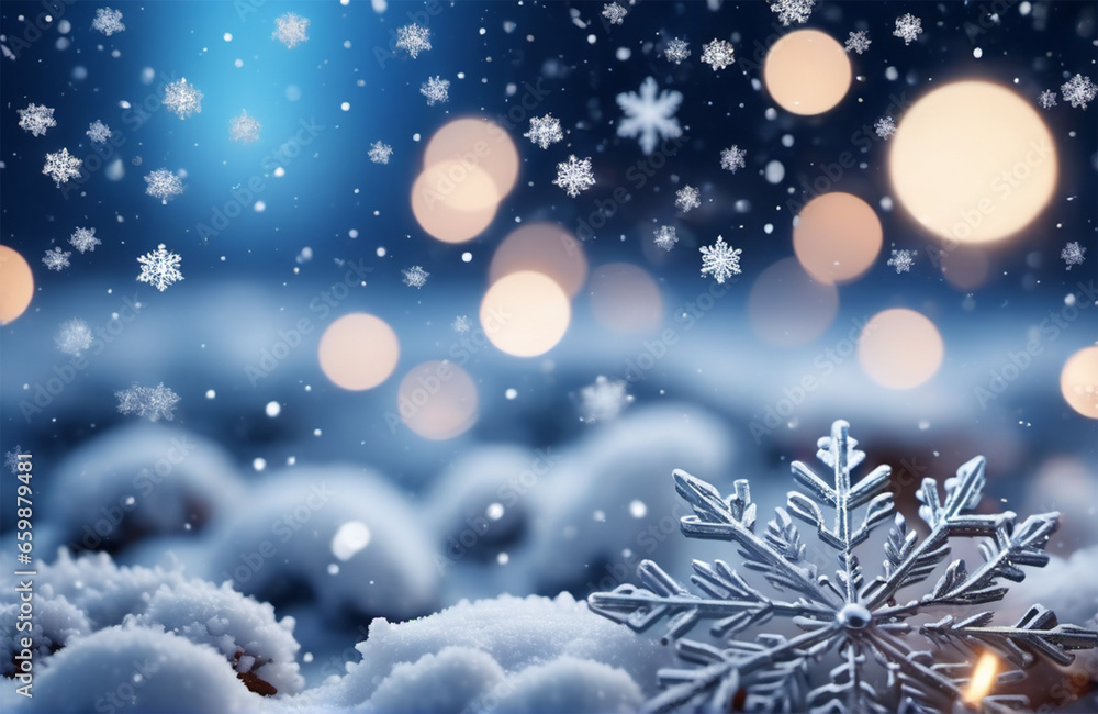 Naklejka premium Bokeh with white snow and snowflakes on a blue background