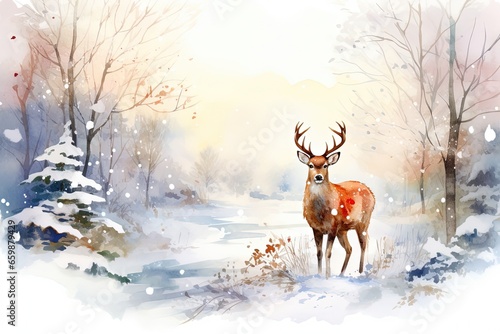 Cute Reindeer Illustration for Christmas Card Winter Wonderland Deer in Forest