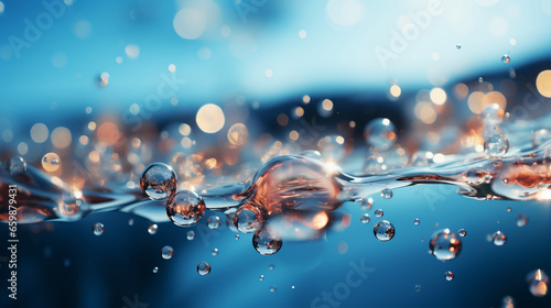 Bubbles underwater with bokeh effect. Background in blue. AI generative