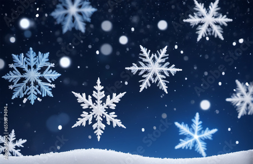 Bokeh with white snow and snowflakes on a blue background © XtzStudio