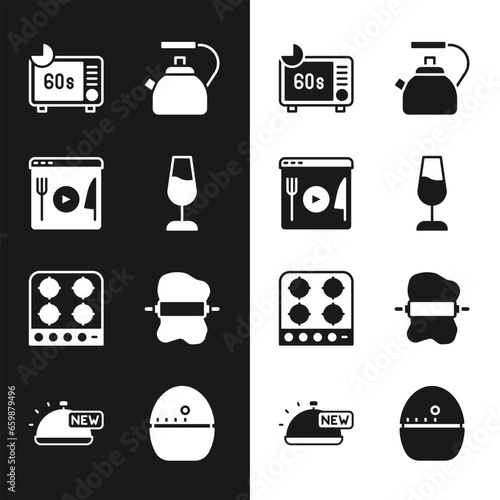 Set Wine glass, Cooking live streaming, Microwave oven, Kettle with handle, Gas stove, Rolling pin on dough, Kitchen timer and Covered tray of food icon. Vector